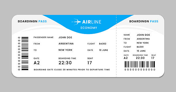 istock Realistic modern boarding pass design for Airline flight with detailed information. Blue airplane ticket design. Blank boarding pass template 2216602497