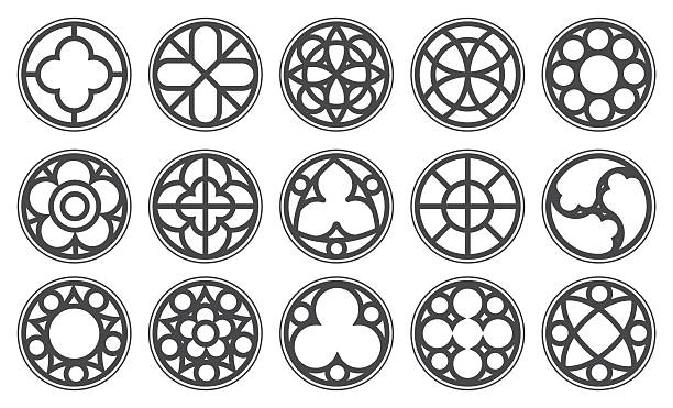Gothic circle rose window with medieval ornament. Cathedral rosette. Christian architecture elements with stained glass on white background. Radial vector frame.