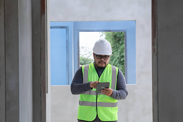 istock Asian overweight construction project foreman wearing white hard hat and reflective safety vest stands inspecting a construction project while holding a tablet and building plan in his hand. 2216611960