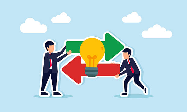 istock Two Businessmen Holding Opposite Arrows with Light Bulb Illustration of Idea Sharing 2216614796