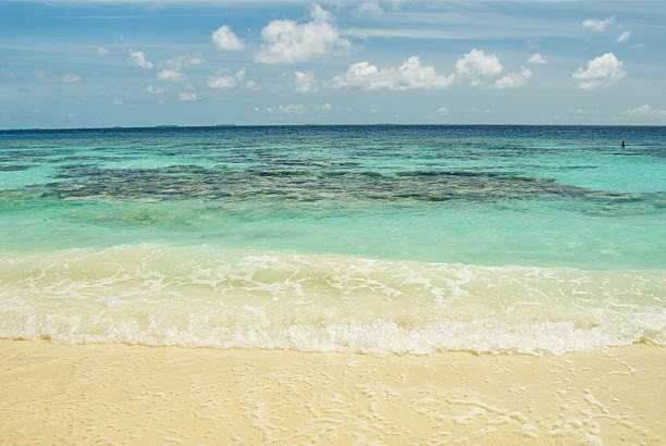 Tranquil tropical beach with clear turquoise water and white sand under blue sky.