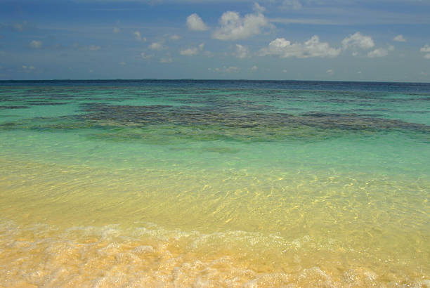 Serene tropical beach with clear blue water and gentle waves under cloudy sky.