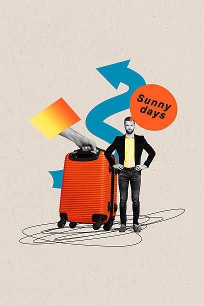 istock Creative design composite artwork collage of young man stand arrow point hand hold baggage resort summertime trip travel relax sunny days 2216621374
