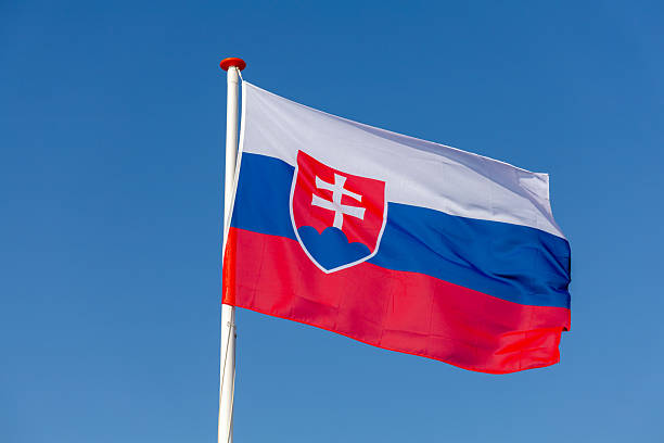 istock Slovak flag waving in the wind against a clear blue sky. 2216623670