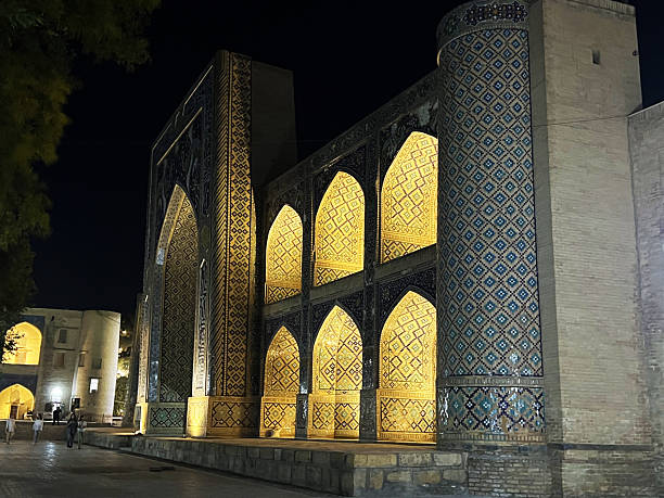 istock Illuminated madrasa at night in samarkand's registan square with intricate tile patterns 2216625076
