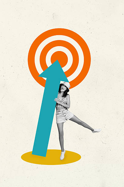 istock Creative design composite trend artwork collage of progress marketing targeted finance young lady stand summer outfit smile hold arrow 2216625242