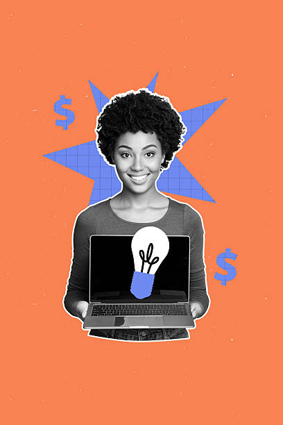 istock Template poster trend artwork 3D photo collage of challenge startup creative eureka think young lady smile hold laptop economy business 2216625749