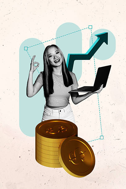 istock Creative artwork template sketch image 3D collage of dollars wealth budget earnings currency young woman hand laptop arrow pile coins 2216627176