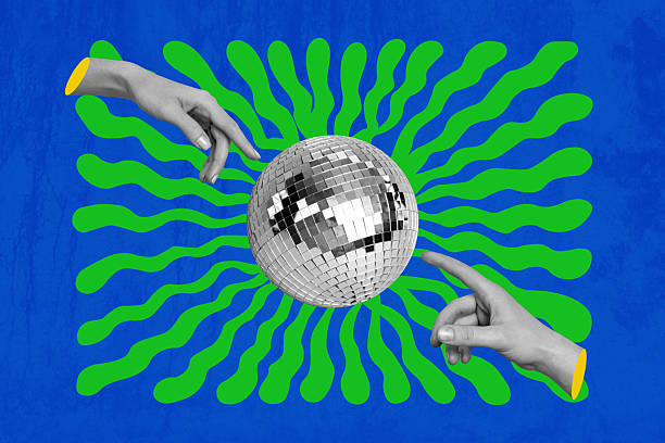 istock Composite photo collage of hands touch fingers point show disco ball shiny sphere party weekend occasion isolated on painted background 2216630193