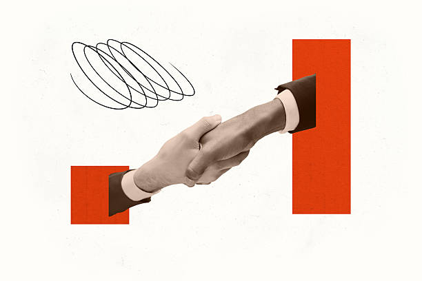 Creative collage picture human hands shake unity teamwork deal agreement businesspeople gesture communication arms sleeve.