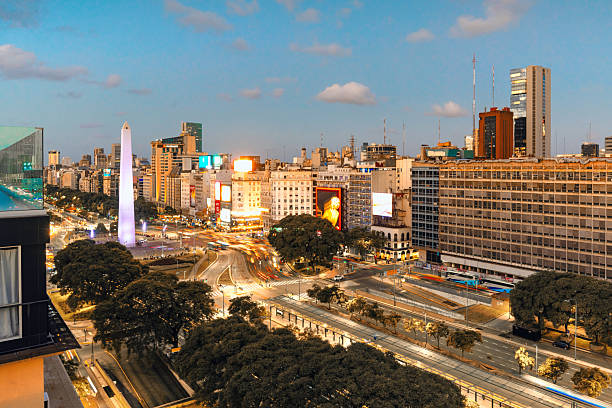 wide panoramic view over central Buenos Aires with Obelisk at sunny day at blue hour
