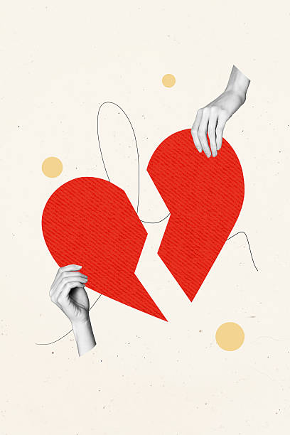 Vertical photo collage of hands hold two half heart shape divorce concept breakup relationships isolated on painted background