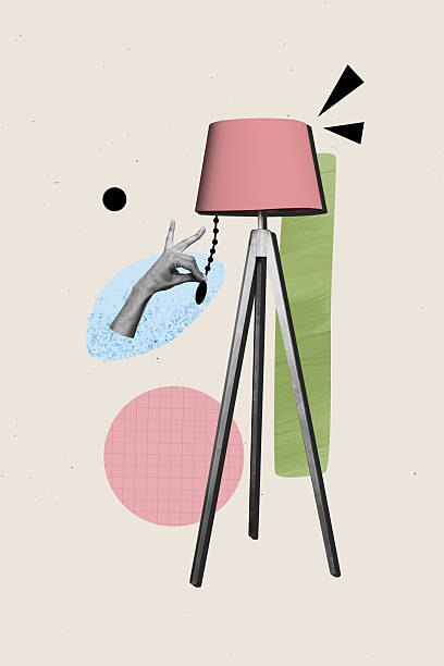istock Vertical photo collage of human hand switch torchere loft lamp interior decor cozy atmosphere isolated on painted background 2216633989