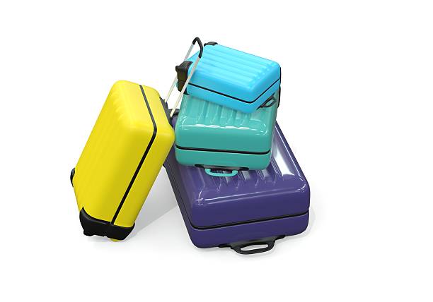 set of trolley suitcases in different colors and sizes - 3D rendering on white background