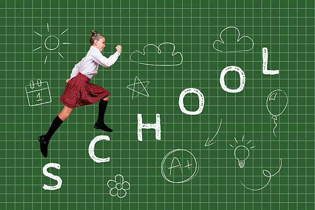 Composite photo collage of cute blonde girl run checkered board education study knowledge september isolated on painted background.
