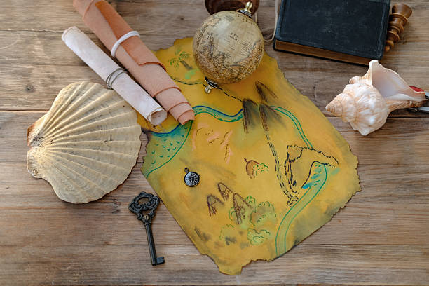 The old key and compass on brown paper isolated on white background