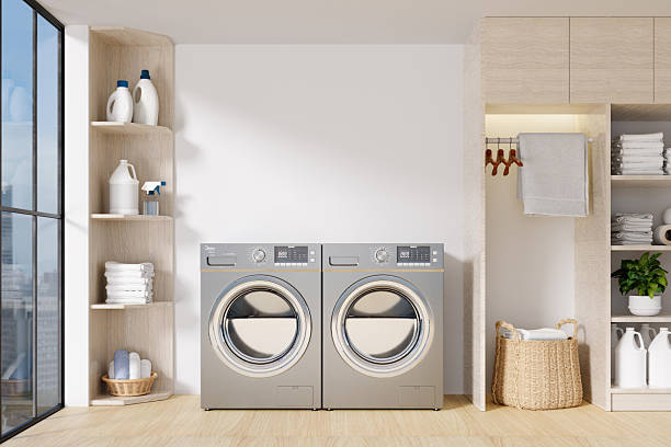 istock Well-designed laundry room with modern washing machines and optimal organization. 3D render illustration 2216639207