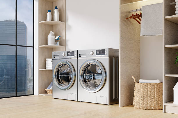 istock Chic laundry area showcasing modern washing machines and streamlined organization. 3D render illustration 2216639214