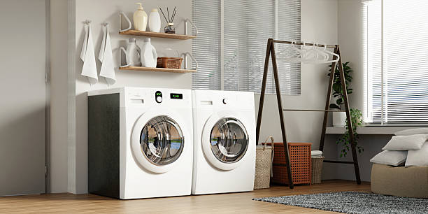 istock Contemporary laundry room design with practical washing machines and decor. 3D render illustration 2216639241