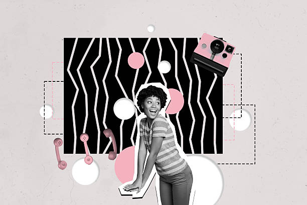 istock Trend artwork image 3D photo collage of surreal white black line space obsolete camera shooting instant silhouette young lady posing pinup 2216639259