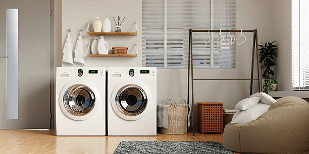 istock Elegant laundry room design featuring modern appliances and decor. 3D render illustration 2216639303