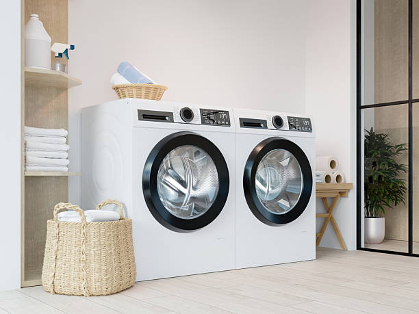 istock Sleek laundry area with efficient washing machine and organized space. 3D render illustration 2216639333