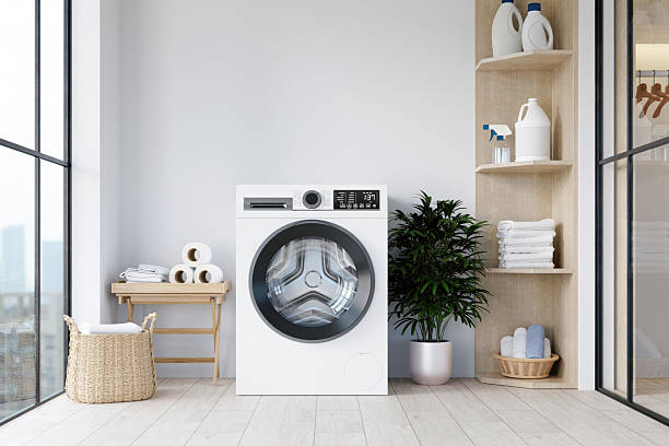 istock Contemporary laundry space equipped with a modern washing machine and stylish accessories. 3D render illustration 2216639414