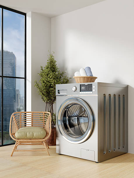 istock Home laundry design with modern washers and stylish decor. 3D render illustration 2216639475