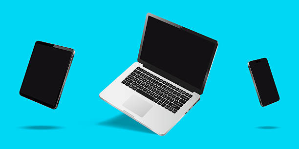 Laptop computer, smartphone and tablet while levitating in the air on a blue background Laptop computer, smartphone and tablet while levitating in the air on a blue background. Vector illustration. levitate computer stock illustrations