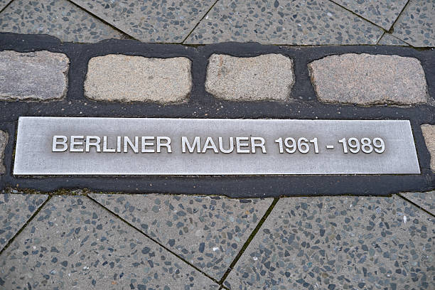 istock Ground marker indicating, Berlin Wall history, Remembering Cold War era, urban scene, historical landmark, street view, German history, Berlin 2216640279