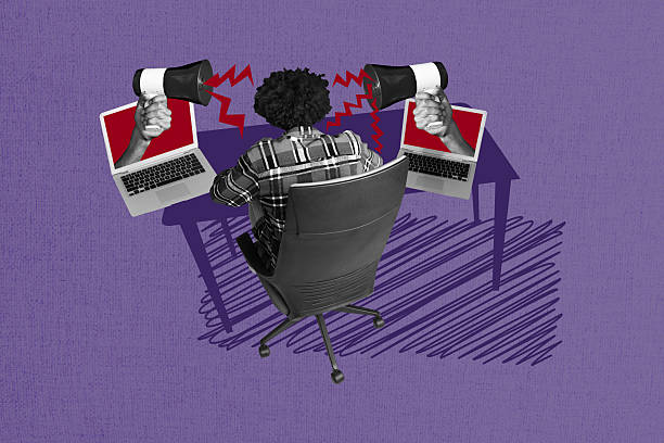 istock Creative picture collage worker employee man sit office table workspace laptops screens announce proclaim bullhorn overloaded workaholic 2216640751