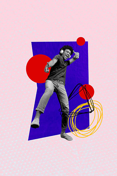 istock Vertical poster collage young dancing funky man rejoice clubbing disco funky motion meloman audio listener drawing background 2216640752