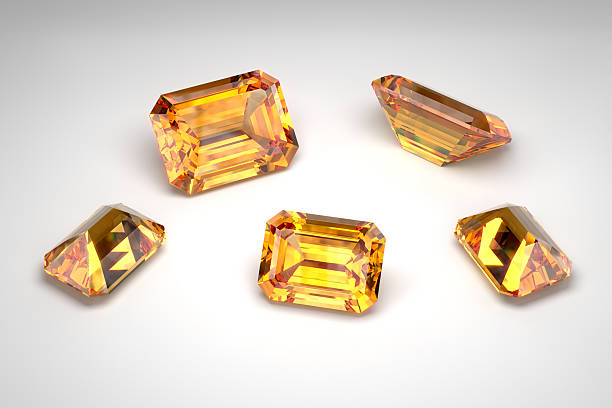istock Scattering of topazes of different sizes on a white background. Cut in emerald style. 3d rendering. 2216644939