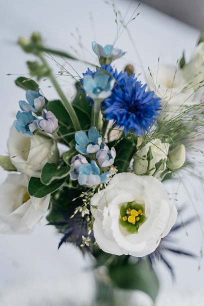 istock Delicate bouquet with white and blue flowers. 2216645960