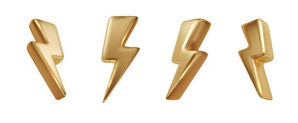 istock Golden lightning bolt icon. Electric thunder symbol of energy, voltage, and danger. Glossy metallic gold thunderbolt isolated on white 2216646575