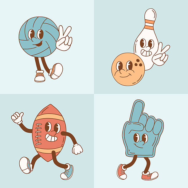 Retro vector sport characters. Hand drawn ball game and racket sport illustration. Perfect for sticker, tee shirt logo, greeting card, poster or nursery print design. EPS 10 vector file.