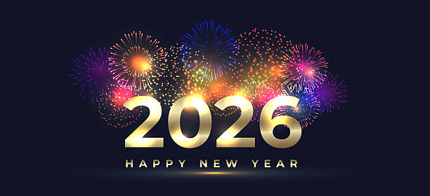 с новым 2026 годом. блестящий фейерверк вспыхнул за золотыми цифрами на темном небе. - канун нового года stock illustrations