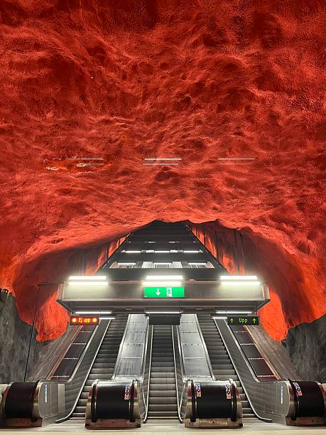 istock Stockholm metro: Solna Centrum station, underground red cave. Modern subway design. 2216663283