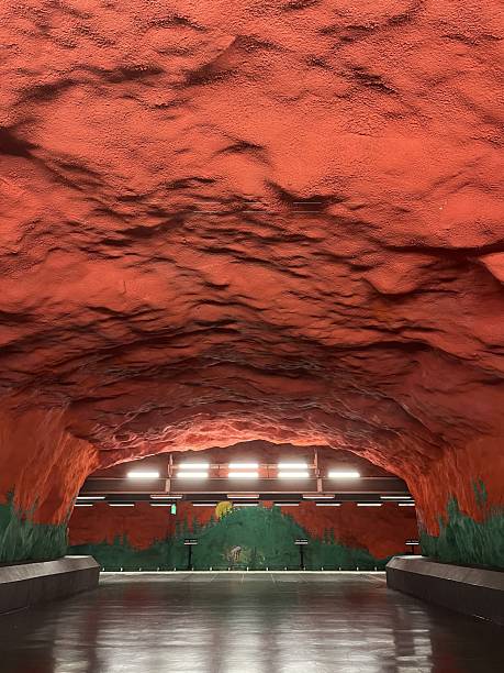 istock Stockholm metro: Solna Centrum station, underground red cave. Modern subway design. 2216663288