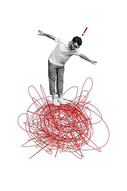 istock Composite trend artwork sketch image photo collage of empty space silhouette young man stand confused alarm doodle line mess mind think 2216668276