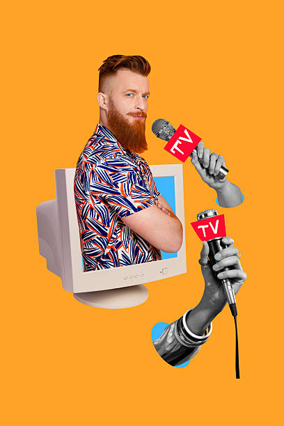 istock Vertical collage young handsome man model pc screen monitor microphone reporter journalist show newscast speak tell drawing backgound 2216669005