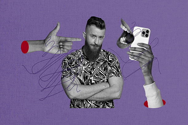 Artwork composite collage of purple backdrop caricature workspace young man confused work smartphone pressure finger point scream mouth.