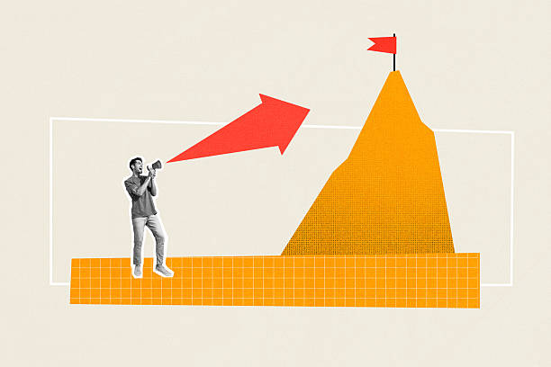 istock Composite photo collage of happy man scream bullhorn development concept flagpole aim promotion mountain isolated on painted background 2216669382