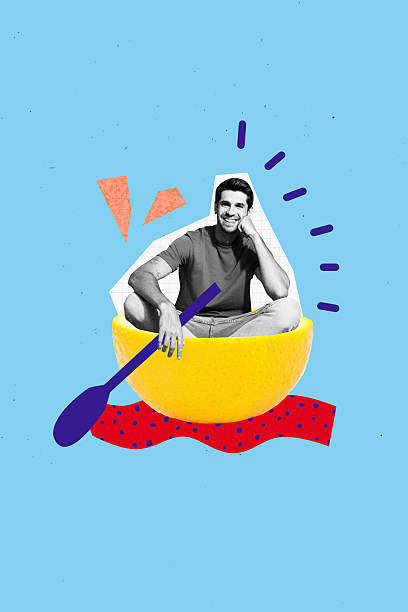 istock Vertical poster collage young cheerful man sit lemon citrus healthy fruit vitamins half slice boat sailing surreal drawing background 2216669415