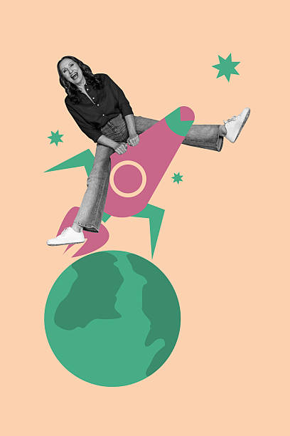 istock Vertical collage mature woman ride rocket space launch galaxy planet stars exploration discovery constellation leadership 2216669648