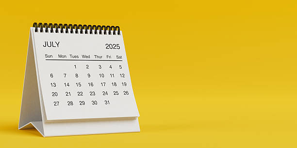 istock White Desk Monthly July 2025 Business Calendar. 3d Rendering 2216670865