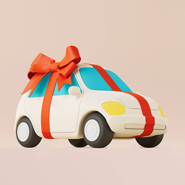 istock Car Gift Concept. White Cartoon Car With Red Ribbon Bow. 3d Rendering 2216670941
