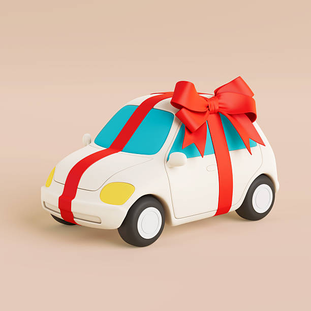 istock Car Gift Concept. White Cartoon Car With Red Ribbon Bow. 3d Rendering 2216670947