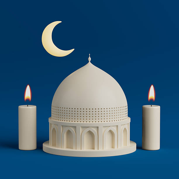 istock Ramadan Celebration Concept. Traditional Mosque With Crescent Moon And Candles. 3d Rendering 2216671032