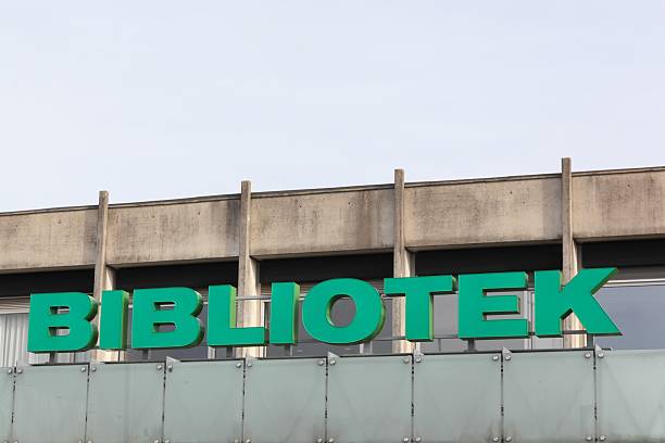 Public library sign in Denmark called bibliotek in Danish language